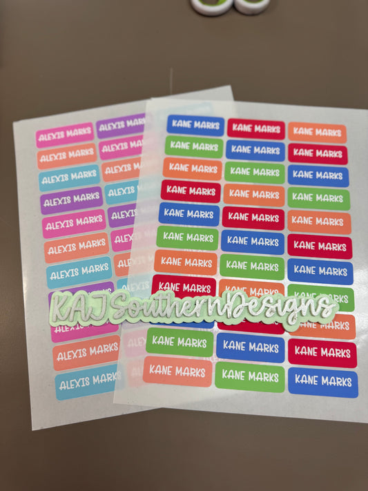 Custom Kids Name Labels – 1 Sheet of 34 Personalized Vinyl Stickers
