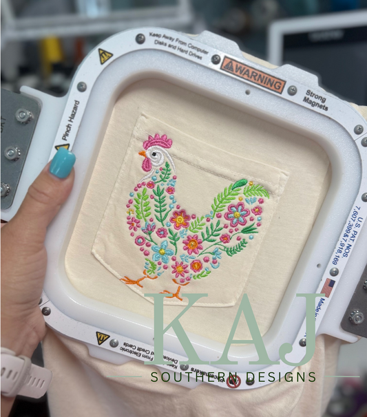 Floral Chicken Embroidered Pocket Tee | Comfort Colors Shirt