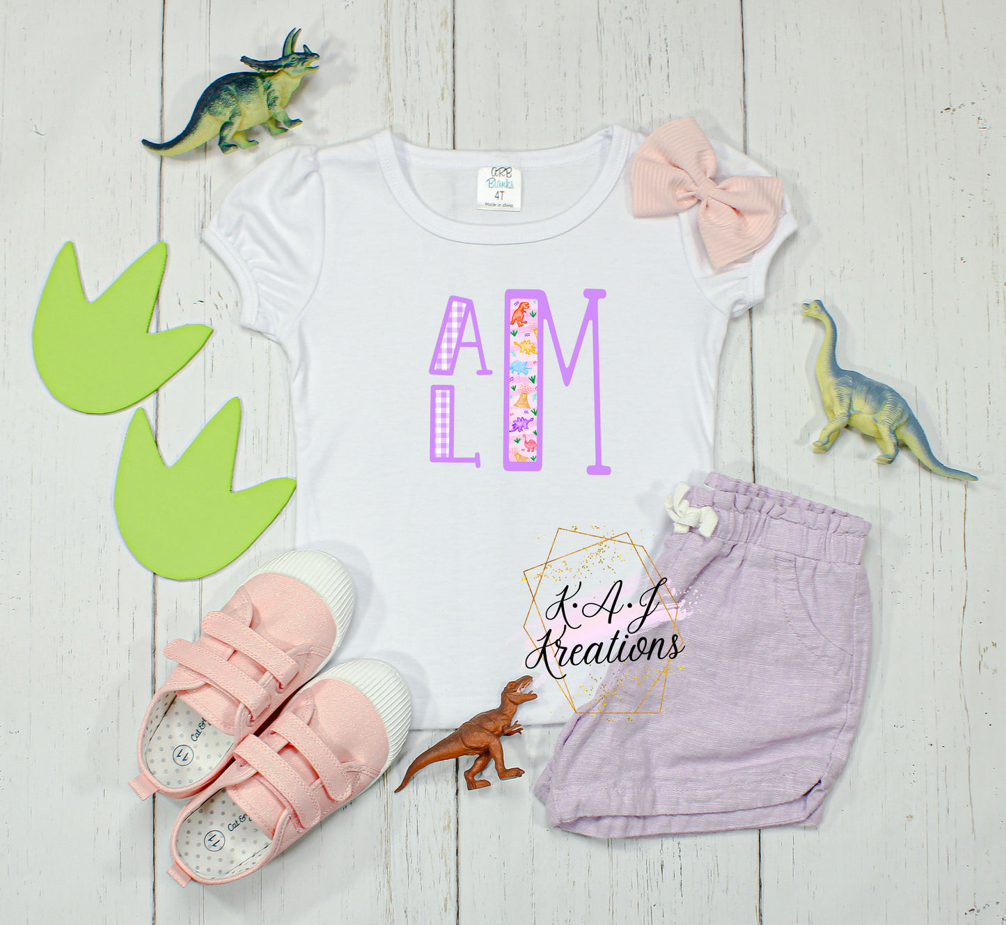 Girl's Dino Monogram Puff Sleeve Tee