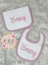 Load image into Gallery viewer, Baby Bib &amp; Burp Cloth Set | Seersucker Bib | Seersucker Burp Cloth | Pink Bib | Green Bib | Blue Bib | Baby Shower Gift
