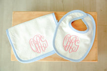 Load image into Gallery viewer, Baby Bib &amp; Burp Cloth Set | Seersucker Bib | Seersucker Burp Cloth | Pink Bib | Green Bib | Blue Bib | Baby Shower Gift
