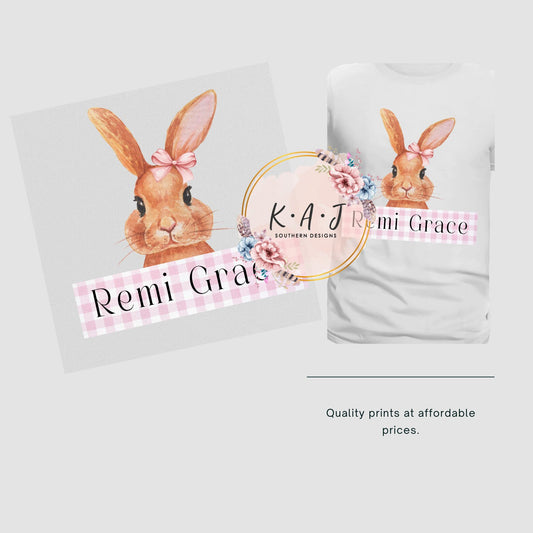 Girl Bunny DTF Transfer,Easter DTF,Cute Girl Bunny DTF Transfer,Easter Transfers,Light Pink Easter Direct to Film Transfer, Girly Bunny