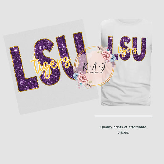 LSU Tigers DTF,Faux Sequin LSU Direct to Film,Purple Glitter Gold Glitter lsu tigers, geaux tigers dtf lsu direct to film transfer,louisiana