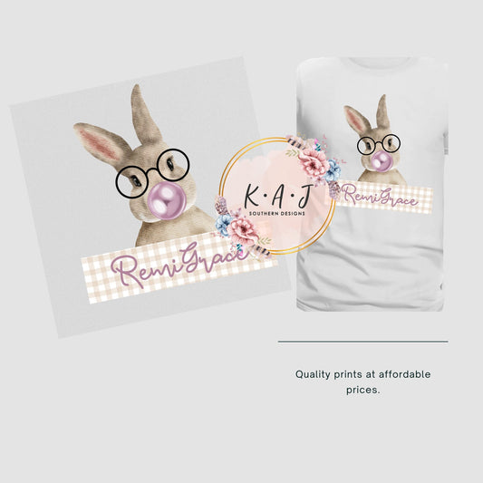 Girl Bunny Bubblegum DTF Transfer,Easter DTF,Cute Girl Bunny DTF Transfer,Easter Transfers,Light Pink Easter Direct to Film Transfer