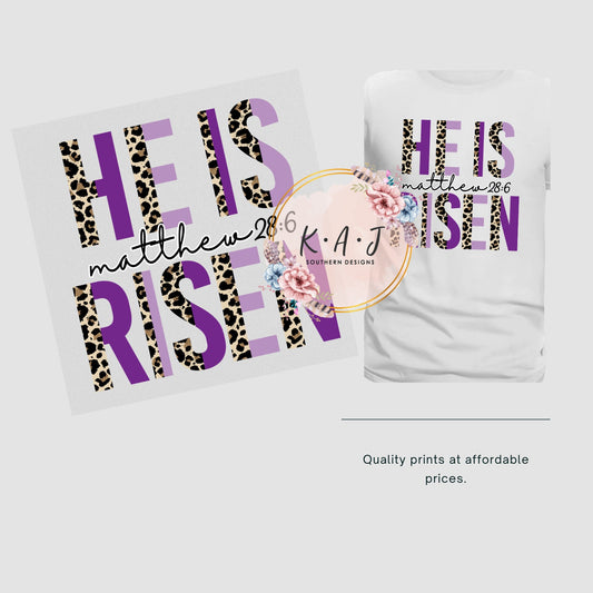 He is Risen,Purple He is Risen Easter DTF Transfer,Easter DTF,He is Risen Purple Leopard Shirt dtf,Easter Transfers,Direct to Film Transfer