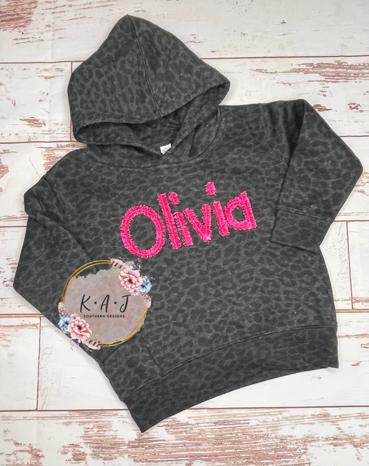 Toddler Girl Fluffy Monogrammed Black Leopard Hoodie